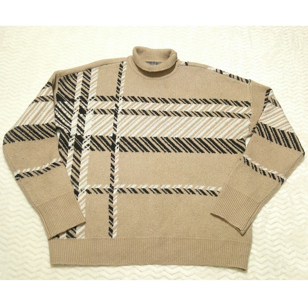 Marled Beige Turtleneck Sweater Women's L Geometric Plaid Pattern NWOT